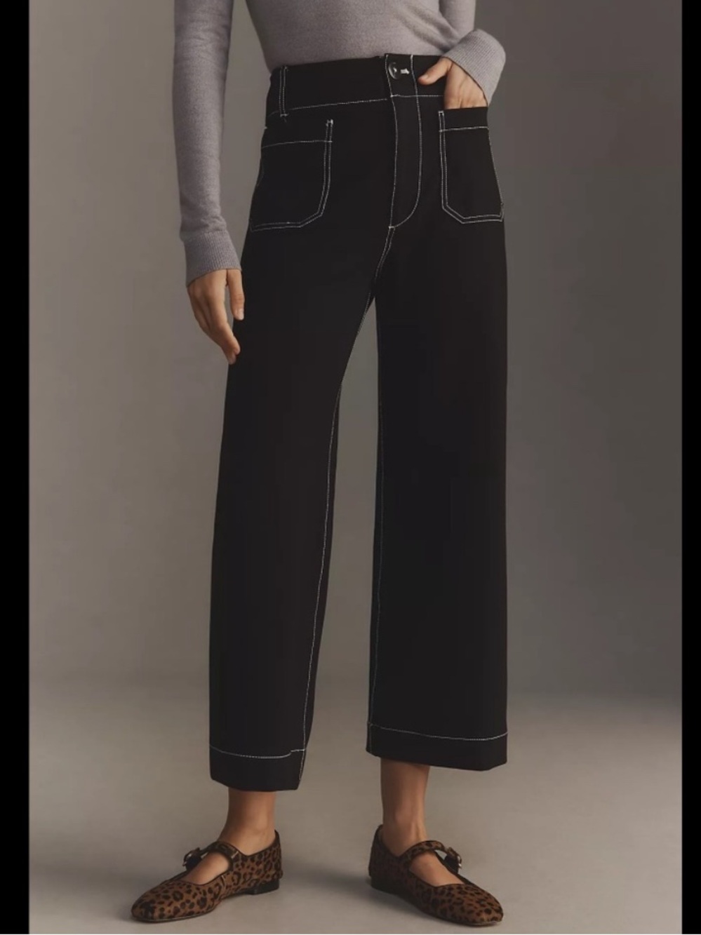 Maeve Black Wide-Leg Cropped Pants with White Contrast Stitching